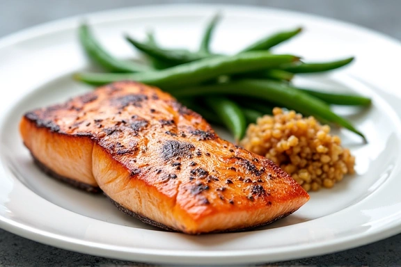 Assiette équilibrée avec du poisson, des légumes verts et des céréales complètes