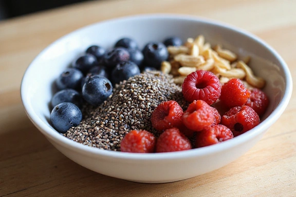 Bol coloré de superaliments avec des baies, des graines de chia et des noix