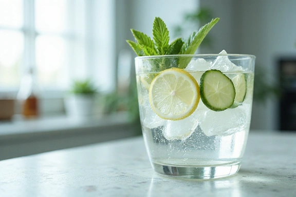 Verre d'eau fraîche avec des tranches de citron et de concombre