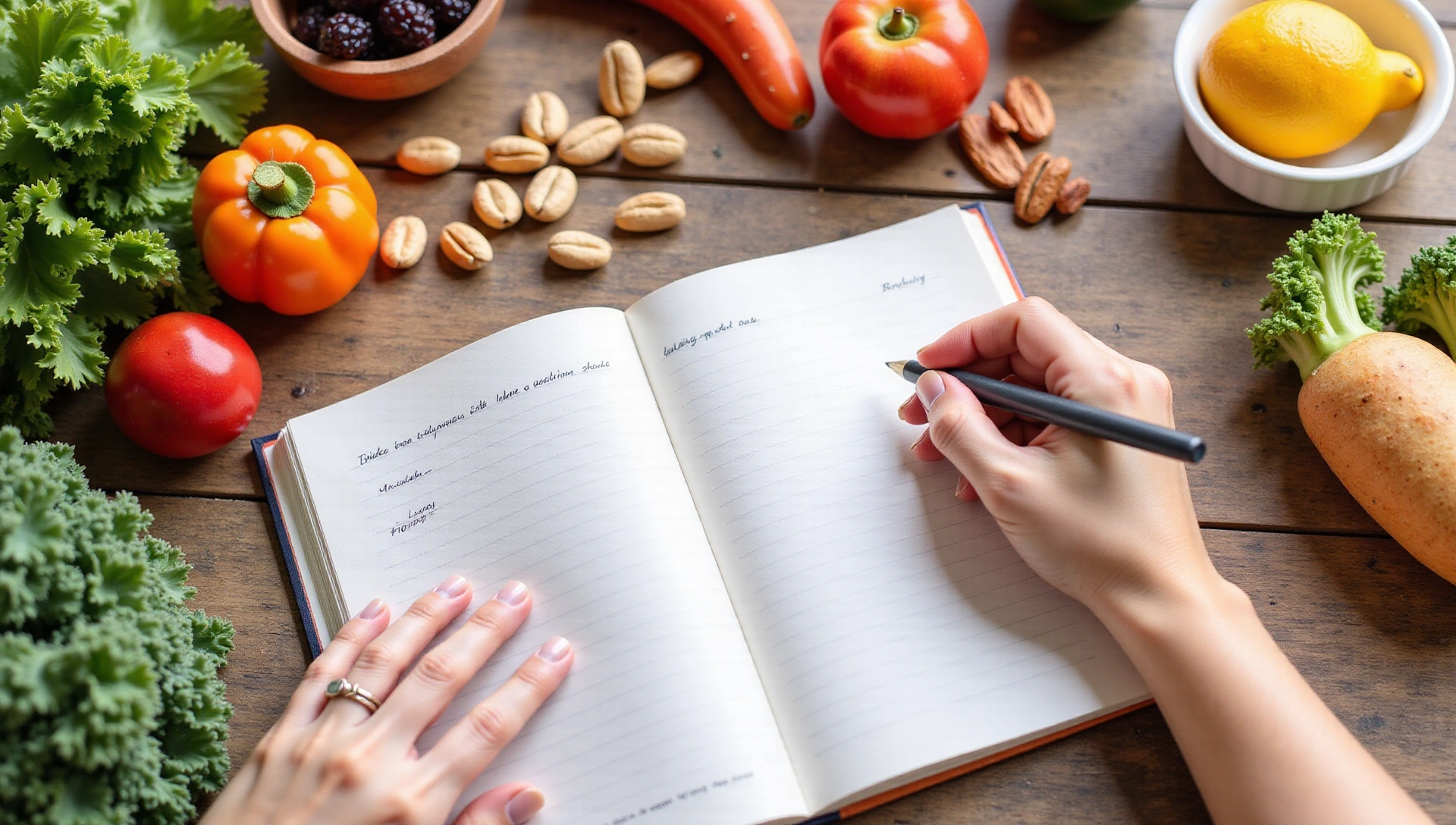 Personne écrivant dans un carnet avec des aliments sains à côté