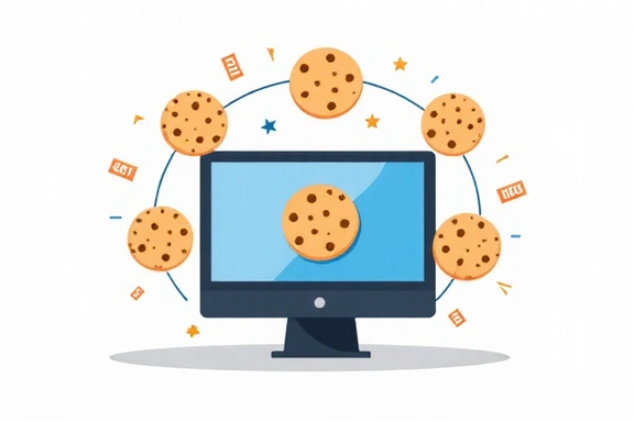 Illustration of a computer with small cookie icons around it, representing data storage.