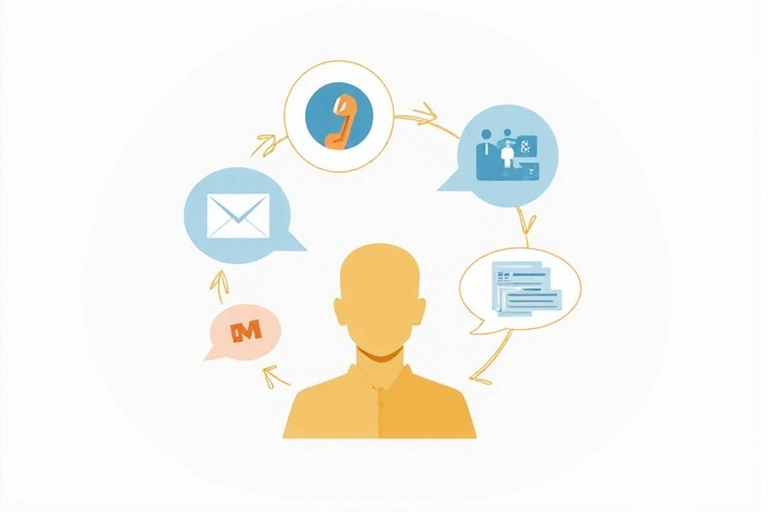 Illustration of communication channels: email, phone, and messaging apps