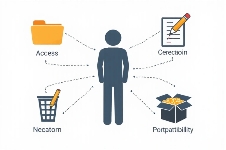 Illustration of user rights with icons representing access, correction, deletion, and portability of data
