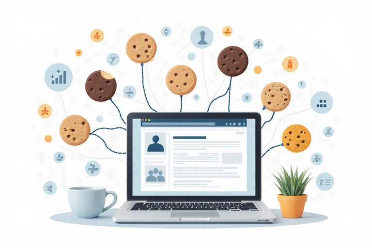 Illustration of various types of cookies and data being collected on a website, represented by small circular icons and digital lines