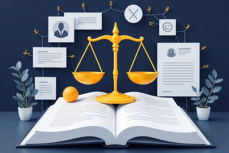 Illustration of legal compliance and data disclosure, with scales of justice and official documents