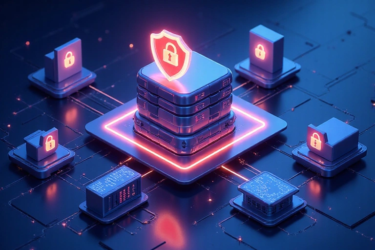 Illustration of robust data security measures, including a firewall, encryption, and secure servers
