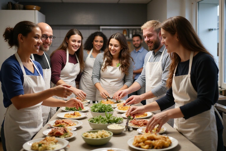 Groupe de personnes souriantes participant à un atelier de cuisine saine