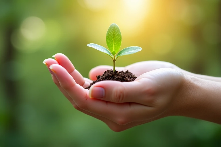 Main tenant une pousse verte symbolisant la croissance et la nutrition