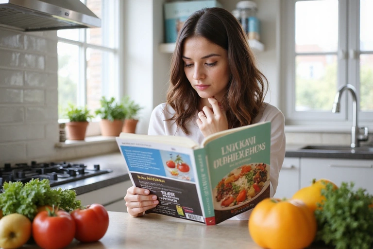 Personne lisant un livre de nutrition dans une cuisine moderne