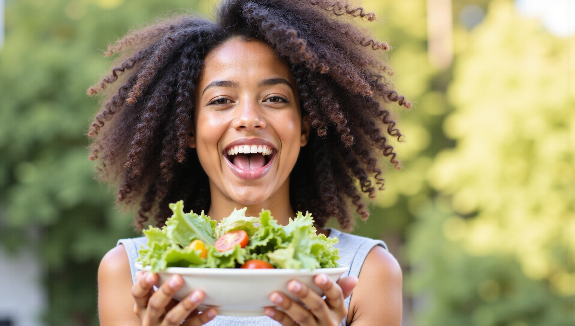 Une personne souriante mangeant une salade saine